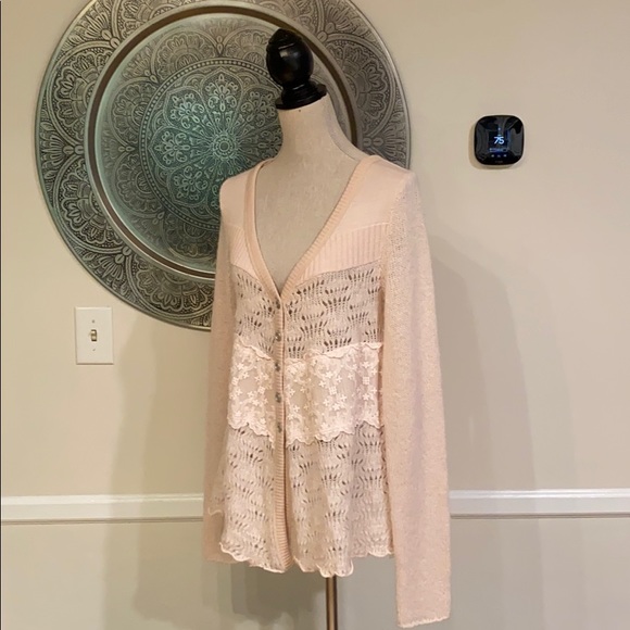 Free People Pale Blush Pink Lace & Knit Button-Up Cardigan - Picture 3 of 13